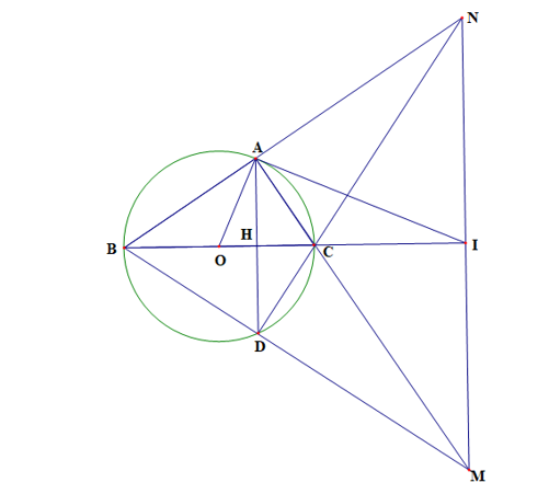 Cho tam giác ABC vuông tại A nội tiếp đường tròn (O; R) có BC là đường kính và AC = R. Kẻ dây AD vuông góc với BC tại H. a) Tính độ dài các cạnh AB, AH theo R; (ảnh 1)