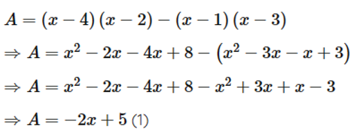 Rút gọn và tính giá trị của biểu thức: A = (x – 4)(x – 2) – (x – 1)(x – 3) với  x=7/4. (ảnh 1)