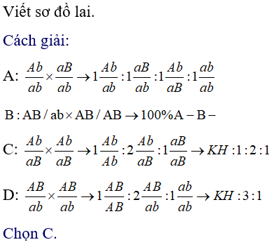 Trường hợp không có hoán vị gen, một gen quy định một tính trạng, tính trạng trội là trội hoàn toàn. Theo lí thuyết, phép lai nào sau đây cho tỉ lệ phân li kiểu hình là 1:2:1. 	A. Ab/ab × aB/ab. 	B. AB/ab × AB/AB. 	C. Ab/aB × Ab/aB. 	D. AB/ab × AB/ab (ảnh 1)