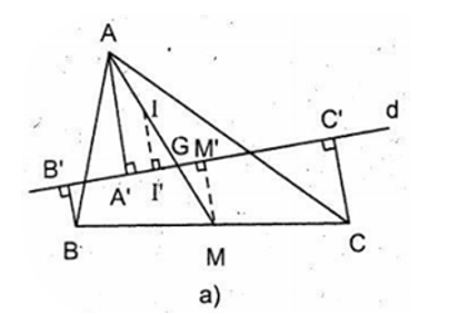 Cho tam giác ABC, trọng tâm G. a) Vẽ đường thẳng d qua G, cắt các đoạn thẳng AB, AC. Gọi A', B', C' là hình chiếu của A, B, C trên d. Tìm liên hệ giữa các độ dài AA', BB', CC' (ảnh 1)