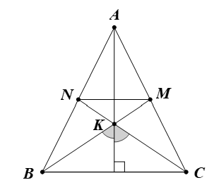 Cho tam giác ABC cân tại A, M là trung điểm của AC, N là trung điểm của AB. BM cắt CN tại K. a) Chứng minh ∆BNC = ∆CMB. (ảnh 1)