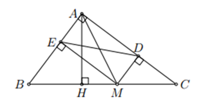 Cho tam giác ABC vuông tại A, điểm M nằm giữa B và C. Gọi D, E thứ tự là hình chiếu của M lên AC, AB. Tìm vị trí của M để DE có độ dài nhỏ nhất. (ảnh 1)