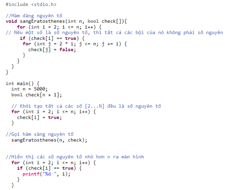 Em hãy viết chương trình thực hiện sàng số nguyên tố sử dụng thuật toán và sử dụng thuật toán Eratosthenes. Sau đó chạy thử và so sánh kết quả. (ảnh 1)