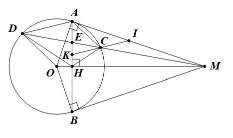 Từ điểm M nằm ngoài đường tròn (O), vẽ hai tiếp tuyến MA, MB với đường tròn (O) (A và B là hai tiếp điểm). a) Chứng minh tứ giác MAOB nội tiếp. (ảnh 1)