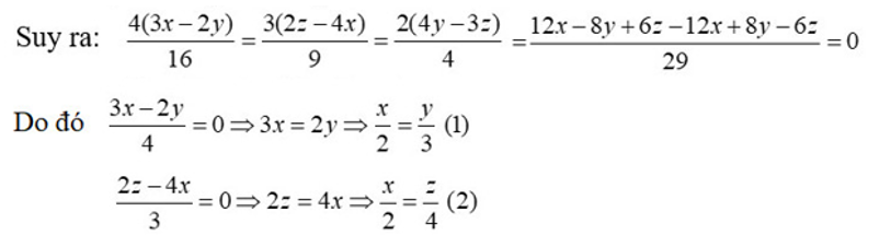 Cho 3x-2y/4= 2z-4x/3= 4y-3z/2 . Chứng minh:  x/2=y/3=z/4 (ảnh 1)