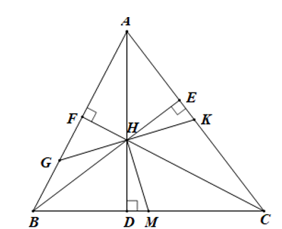 Cho tam giác ABC, đường cao AD, BE, CF cắt nhau tại H. Gọi M là trung điểm của BC, qua H kẻ đường thẳng vuông góc với HM cắt AB, AC lần lượt tại G, K. Chứng minh rằng HG = HK. (ảnh 1)