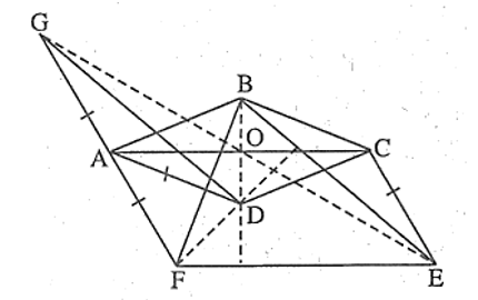 Cho hình thoi ABCD có hai đường chéo cắt nhau tại O. Vẽ hình bình hành ACEF trong có đó CE bằng cạnh của hình thoi. Vẽ G đối xứng với F qua A. a) E, O, G thẳng hàng; (ảnh 1)