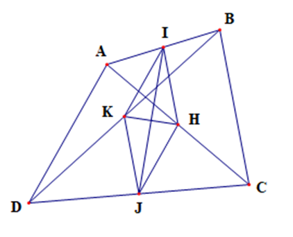 Cho tứ giác ABCD có AD = BC. Gọi I, J lần lượt là trung điểm của các cạnh AB và CD; K, H theo thứ tự là trung điểm của hai đường chéo AC và BD. Chứng minh rằng: IJ vuông góc HK. (ảnh 1)