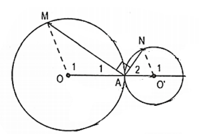 Cho hai đường tròn (O; R) và (O'; R') tiếp xúc ngoài tại A. Vẽ dây AM của đường tròn (O) và dây AN của đường tròn (O') sao cho AM vuông góc AN.  Chứng minh OM // O'N. (ảnh 1)