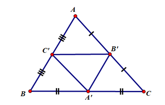 Cho tam giác ABC có A’, B’, C’ lần lượt là trung điềm của các cạnh BC, CA, AB. Chứng minh  . (ảnh 1)
