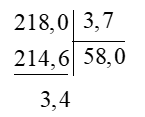 Tìm số dư của phép chia 218 : 3,7 nếu chỉ lấy đến hai chữ số ở phần thập phân của thương. (ảnh 1)