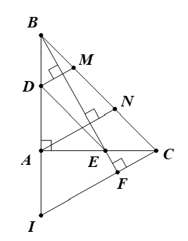 Cho tam giác ABC vuông cân,góc A=90 độ . Trên cạnh AB lấy điểm D, trên cạnh AC lấy điểm E sao cho AD = AE. Từ C kẻ đường thẳng vuông góc với BE, đường thẳng đó cắt BA tại I. a) Chứng minh BE = CI. (ảnh 1)
