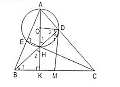 Cho tam giác nhọn ABC, các đường cao AK, BD và CE cắt nhau ở H. Gọi (O) là đường tròn đường kính AH. M là trung điểm BC.  Chứng minh D và E cùng thuộc đường tròn (O) (ảnh 1)