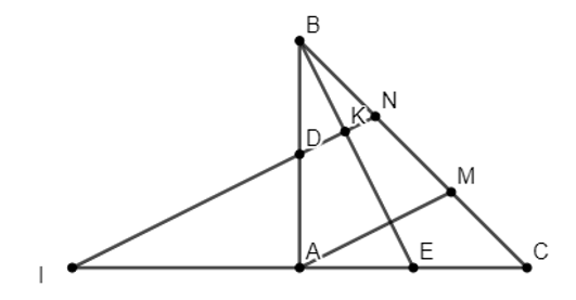 Cho tam giác ABC vuông tại A và AB = AC. Trên cạnh AB, AC lấy hai điểm D và E sao cho AD = AE. Từ A và D kẻ đường thẳng vuông góc với BE cắt BC tại M và N. Tia ND cắt CA ở I. Chứng minh A là trung điểm của CI.  (ảnh 1)