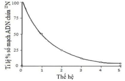 Một nhóm nghiên cứu đã nuôi một số vi khuẩn E.coli trong môi trường chỉ có nitơ đồng vị nặng (15N). Sau đó họ chuyển vi khuẩn sang nuôi tiếp 5 thế hệ ở môi trường chỉ có nitơ đồng vị nhẹ (14N). Biết số lần nhân lên của vi khuẩn E.coli trong các ống nghiệm là như nhau. Tỉ lệ % số mạch ADN chứa N nặng trong 5 thế hệ được biểu diễn ở đồ thị bên.   Theo lí thuyết, có bao nhiêu phát biểu sau đây đúng? I. Tỉ lệ % số mạch ADN chứa 15N giảm dần qua các thế hệ. II. Ở thế hệ thứ 5, phân tử ADN chỉ mang 14N chiếm 93,75%. III. Ở thế hệ thứ 1, tất cả các phân tử ADN đều chứa 15N. IV. ADN chứa cả 2 mạch 15N có thể xuất hiện ở thế hệ thứ 1. 	A. 1. 	B. 2.	C. 3. 	D. 4. (ảnh 1)