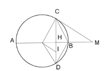 Cho đường tròn tâm O có đường kính AB = 2R. Từ trung điểm H của đoạn OB kẻ đường thẳng vuông góc với AB cắt đường tròn (O) tại C và D. a) Chứng minh HC = HD và tứ giác ODBC là hình thoi (ảnh 1)