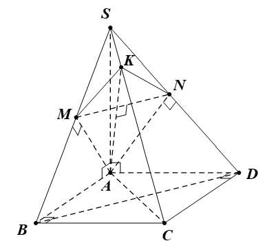 Cho hình chóp S.ABCD có đáy là hình vuông cạnh a, SA = 2a và vuông góc với đáy. Gọi M, N lần lượt là hình chiếu của A trên SB, SD. a) Chứng minh AM ⊥ (SBC) và AN ⊥ (SDC). (ảnh 1)