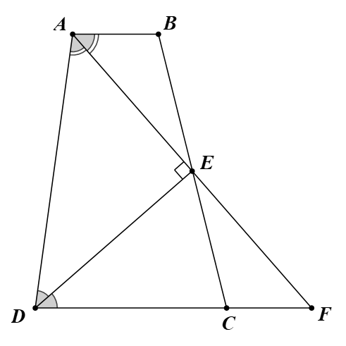Hình thang ABCD (AB // CD) có các tia phân giác của các góc A và góc D gặp nhau (ảnh 1)