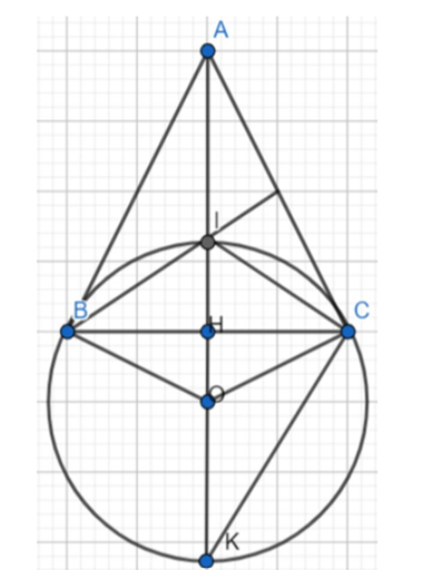 Cho tam giác ABC cân tại A, I là giao điểm các đường phân giác trong tam giác. Gọi H là trung điểm của BC, IK là đường kính của đường tròn tâm O. Chứng minh: AI . HK = AK . HI. (ảnh 1)