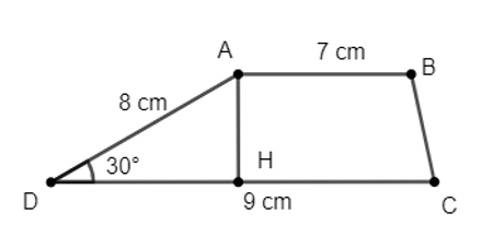 Tính diện tích hình thang, biết các đáy có độ dài là 7 cm và 9 cm, một trong các cạnh bên dài 8 cm và tạo với một đáy một góc có số đo bằng 30°. (ảnh 1)