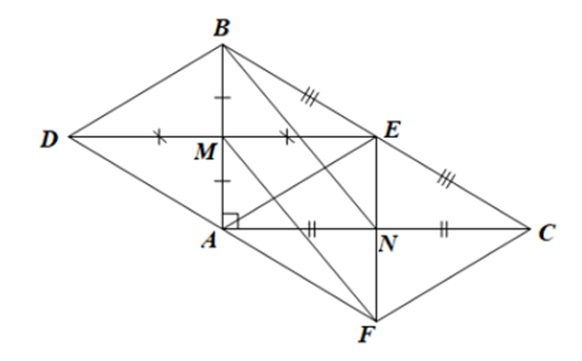 Cho tam giác ABC vuông tại A (AB < AC). Gọi M, N, E lần lượt là trung điểm của AB, AC, BC. Chứng minh rằng tứ giác ANEB là hình thang vuông. (ảnh 1)