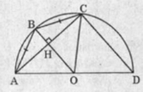 Cho nửa đường tròn (O) đường kính AD. Trên nửa đường tròn lấy hai điểm B và C. Biết AB (ảnh 1)
