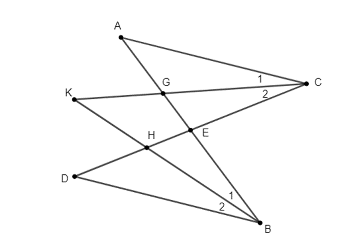 Cho hai đoạn thẳng AB và CD cắt nhau ở E. Các tia phân giác các góc ACE và DBE cắt (ảnh 1)