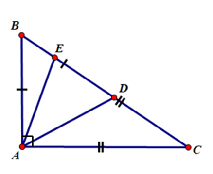 Cho tam giác ABC vuông tại A (AB < AC). Trên cạnh BC lấy điểm D, E sao cho BE (ảnh 1)