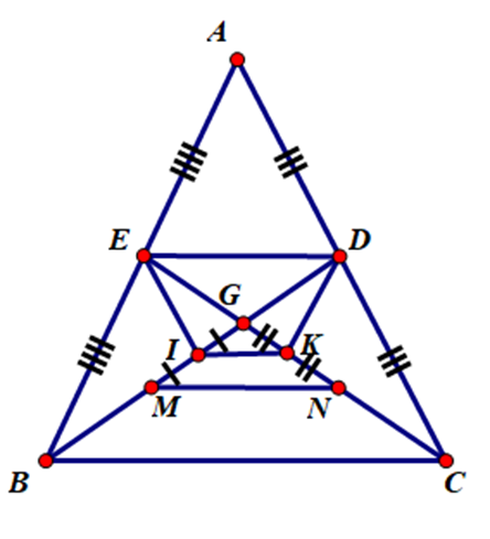 Cho tam giác ABC cân tại A. Hai đường trung tuyến BD và CE cắt nhau tại G. Gọi (ảnh 1)