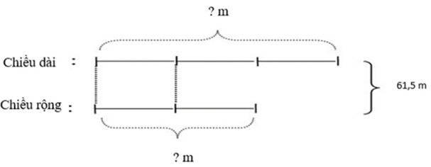 Một hình chữ nhật có nửa chu vi là 61,5 m, chiều rộng bằng 2/3 chiều dài. Tính diện (ảnh 1)