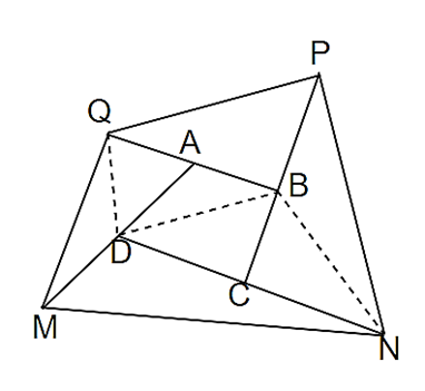 Cho tứ giác ABCD, lấy M đối xứng với D qua A, N đối xứng với D qua C, P đối xứng với C (ảnh 1)