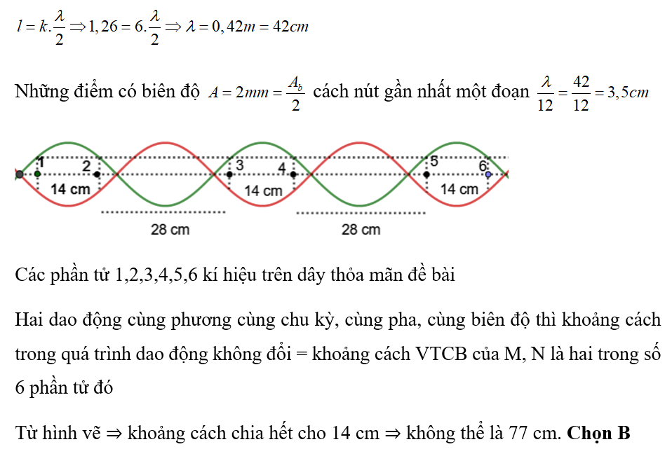 Một sợi dây PQ có l = 1,26 m hai đầu cố định đang có sóng dừng ổn định với 7 nút sóng kể cả hai đầu, bụng sóng (ảnh 1)