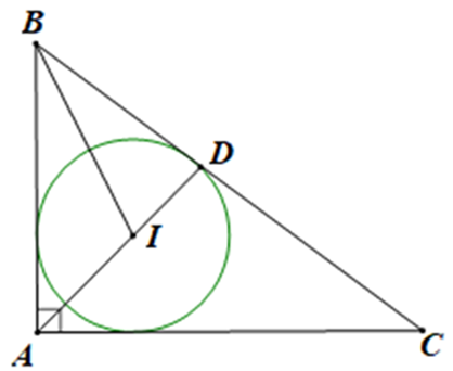 Cho tam giác ABC vuông tại A, AB = 3 và AC = 4. Gọi I là tâm đường tròn nội tiếp (ảnh 1)