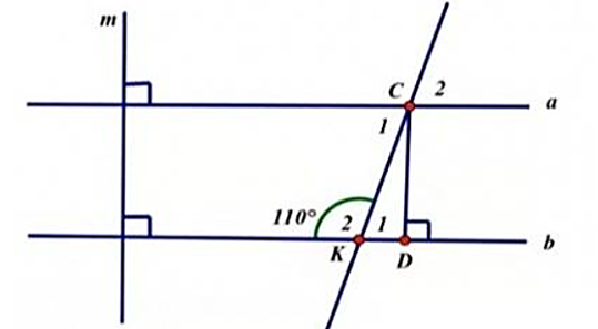 Cho hình vẽ sau, chứng minh a // b. Biết góc K2 = 110 độ. Tính góc K1 (ảnh 1)