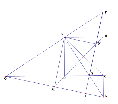 Cho hình vuông ABCD. Qua A vẽ hai đường thẳng vuông góc với nhau lần lượt cắt BC tại P và R, cắt CD tại Q và S. a) Chứng minh rằng tam giác AQR và tam giác APS là tam giác cân. (ảnh 1)