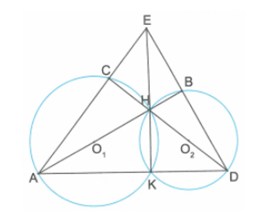 Cho H, K là các giao điểm của đường tròn (O1), (O2). Đường thẳng O1H cắt (O1) tại A, (O2) tại B. O2H cắt (O1) tại C và (O2) tại D. Chứng minh rằng ba đường thẳng AC, BD, HK đồng quy tại 1 điểm. (ảnh 1)
