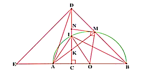 Cho nửa đường tròn tâm O đường kính AB = 2R. Gọi C là trung điểm OA, tia Cx vuông góc AB, Cx cắt nửa đường tròn (O) tại I. Lấy K là 1 điểm bất kì trên CI (K khác C và I). AK cắt nửa đường tròn (O) tại M. Tiếp tuyến với (O) tại M cắt Cx tại N. BM cắt Cx tại D.  a) Chứng minh: 4 điểm A, C, M, D thuộc 1 đường tròn. (ảnh 1)