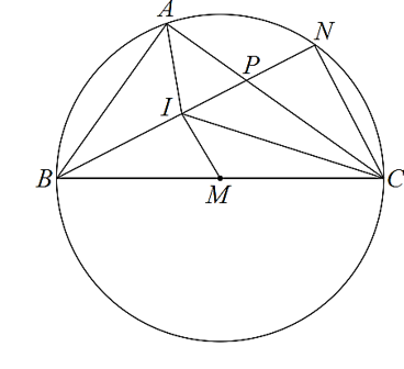 Cho tam giác ABC vuông tại A, gọi I là giao điểm các đường phân giác các góc trong của tam giác ABC, M là trung điểm BC. a) Biết AB = 6 cm, AC = 8 cm. Tính  . (ảnh 1)