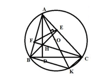 Cho tam giác ABC nội tiếp đường tròn (O;R). Các đường cao AD, BE, CF cắt nhau tại H. Chứng minh: Tứ giác BFCE nội tiếp. (ảnh 1)