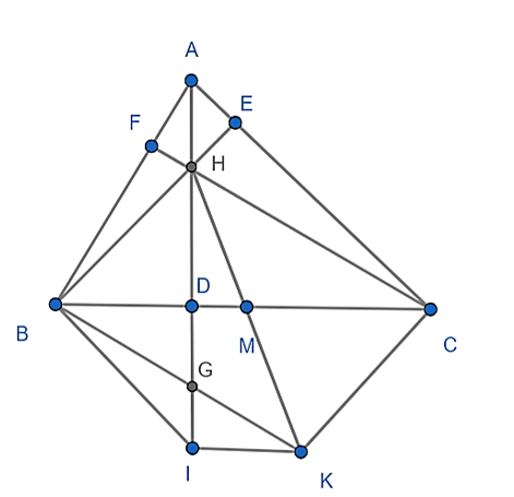 Cho tam giác ABC nhọn (AB < AC).Các đường cao AD, BE, CF cắt nhau tại H. Gọi M là trung điểm của BC, K đối xứng với H qua M.  a) Chứng minh BHCK là hình bình hành. (ảnh 1)