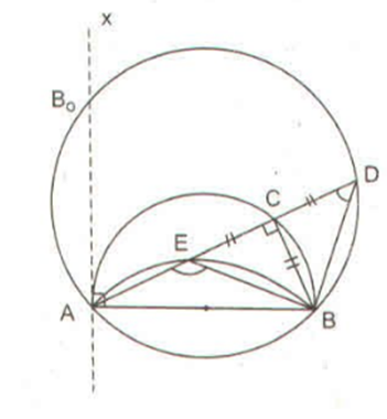 Cho nửa đường tròn đường kính AB cố định. C là một điểm trên nửa đường tròn, trên dây AC kéo dài lấy điểm D sao cho CD = CB. Tìm quỹ tích các điểm D khi C chạy trên nửa đường tròn đã cho. (ảnh 1)