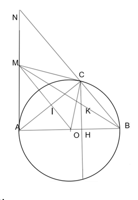 Cho nửa đường tròn (O) đường kính AB, kẻ tiếp tuyến Ax. Qua C nằm trên đường tròn kẻ tiếp tuyến với nửa đường tròn cắt Ax tại M, tia Bx cắt Ax tại N. a) Chứng minh OM vuông góc với AC. (ảnh 1)
