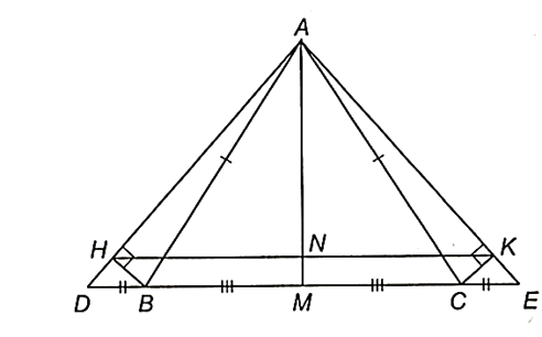 Cho tam giác ABC cân tại A. Trên tia đối của tia BC và tia đối của tia CB theo thứ tự lấy  (ảnh 1)