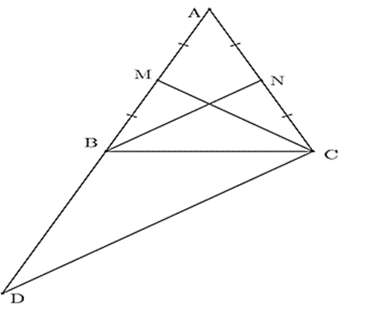 Cho tam giác ABC cân tại A, đường trung tuyến CM và BN. Trên tia đối của tia BA lấy điểm  (ảnh 1)