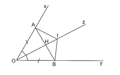 Cho góc nhọn xOy và tia phân giác Oz của góc đó. Trên Ox lấy điểm A, trên Oy lấy điểm B (ảnh 1)