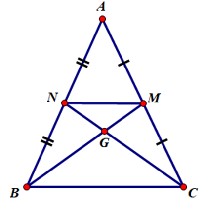 Cho tam giác ABC cân tại A. Gọi M, N thứ tự là trung điểm của AC và AB. Gọi G là giao (ảnh 1)