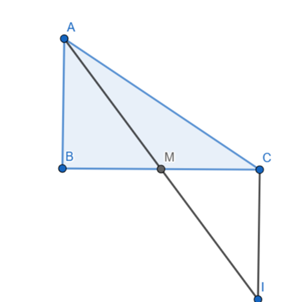 Cho tam giác ABC có góc B = 90 độ, vẽ trung tuyến AM. Trên tia đối của tia MA lấy điểm  (ảnh 1)