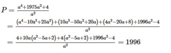 Cho a thỏa mãn a2 – 5a + 2 = 0. Tính giá trị của biểu thức: P = a5 – a4 – 18a3 + 9a2 – 5a + 2017 + (a4 – 40a2 + 4) : a2. A. P = 1994; B. P = 1995; C. P = 1996; D. P = 1997. (ảnh 1)