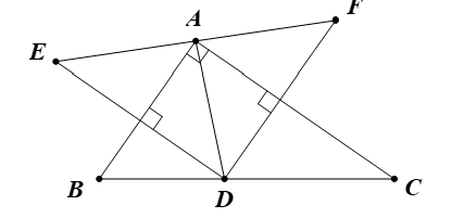 Cho tam giác ABC, D là một điểm trên cạnh BC. Gọi E và F theo thứ tự là điểm đối xứng của điểm D qua AB và AC. a) Chứng minh AE = AF. (ảnh 1)