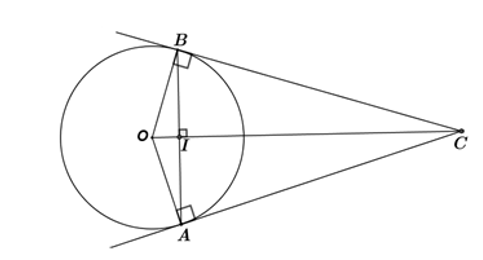 Cho đường tròn tâm O bán kính 13 cm và dây AB = 24 cm của đường tròn. Gọi I là trung điểm của AB. Từ A và B vẽ hai tiếp tuyến với đường tròn, cắt nhau tại C. a, Vẽ hình và tính độ dài OI. (ảnh 1)